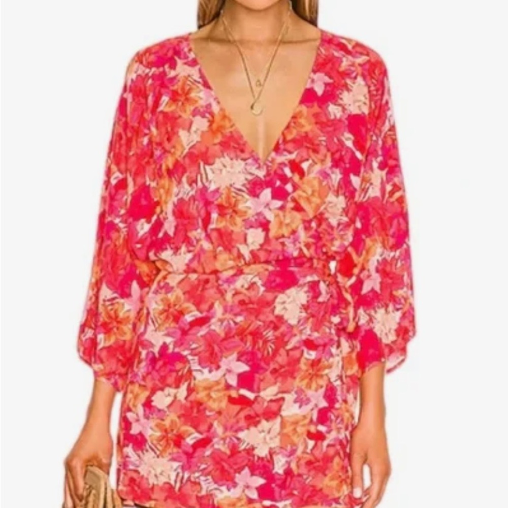L*Space Pink Orange Floral Wrap Mini Dress